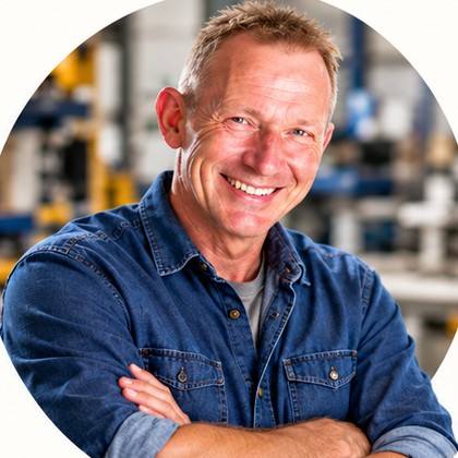 Anthony in blue rolled-sleeve shirt in a workshop
