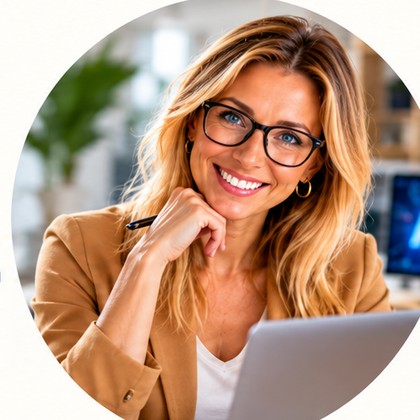 Sam wearing glasses with laptop